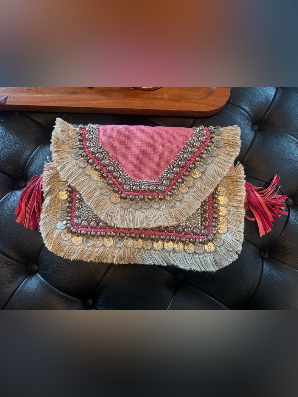 Shashi Pink Fringe Coin Embellished Clutch